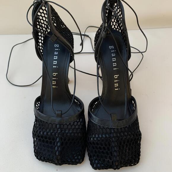 Gianni Bini Reagan Mesh Ankle Wrap Black Square Toe Pumps Size 7 - Picture 1 of 12